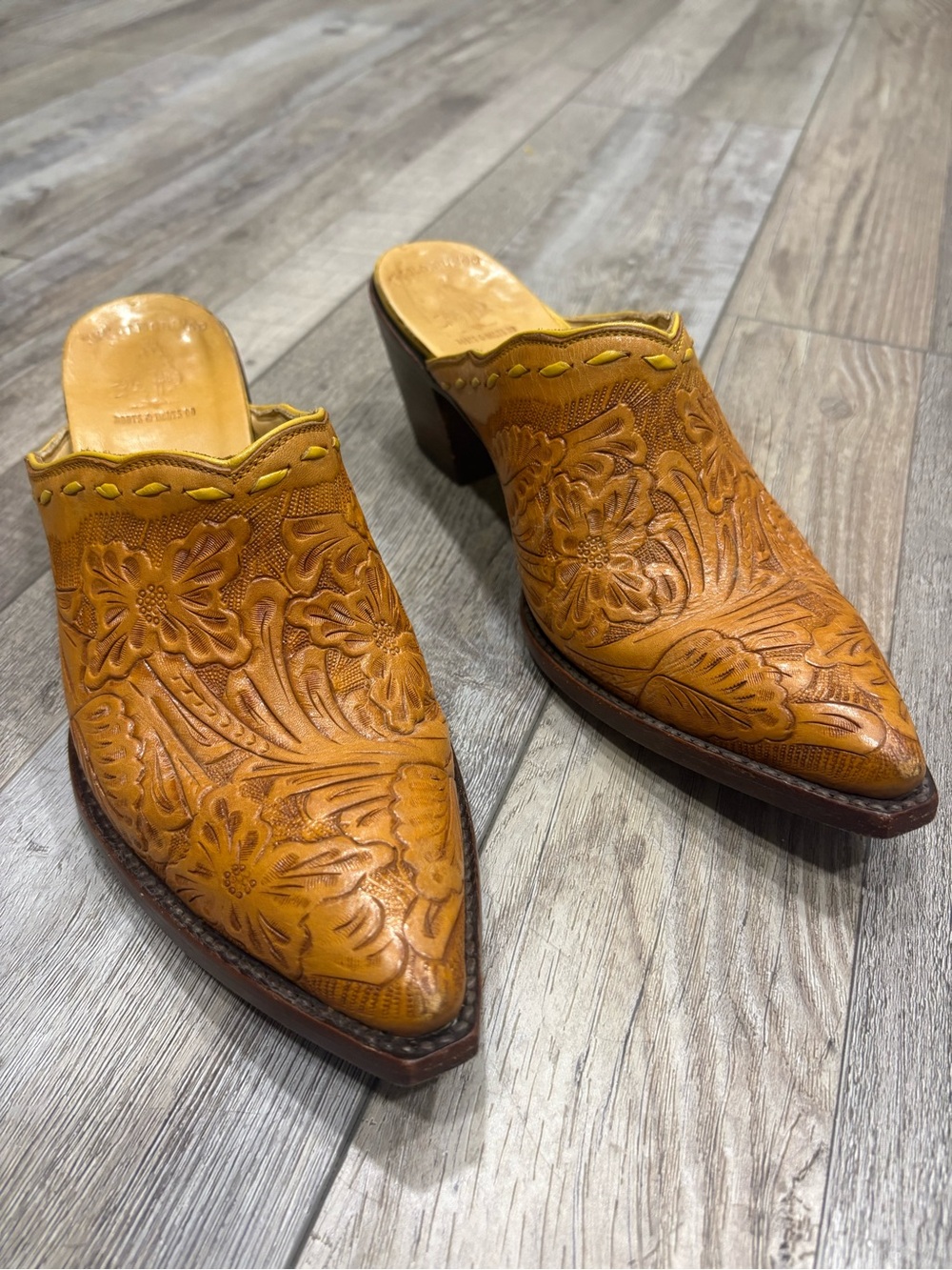 The Old Gringo embossed pointed toe heeled mules